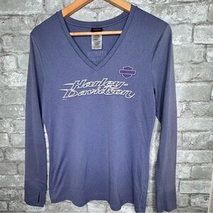 Harley Davidson Logo Print Cotton Longsleeve Shirt SZ M V Neck thumb hole sleeve